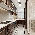 Modern Dark Kitchen Interior With White Marble Countertops Gas Stove Range Hood And Wall Cabinets