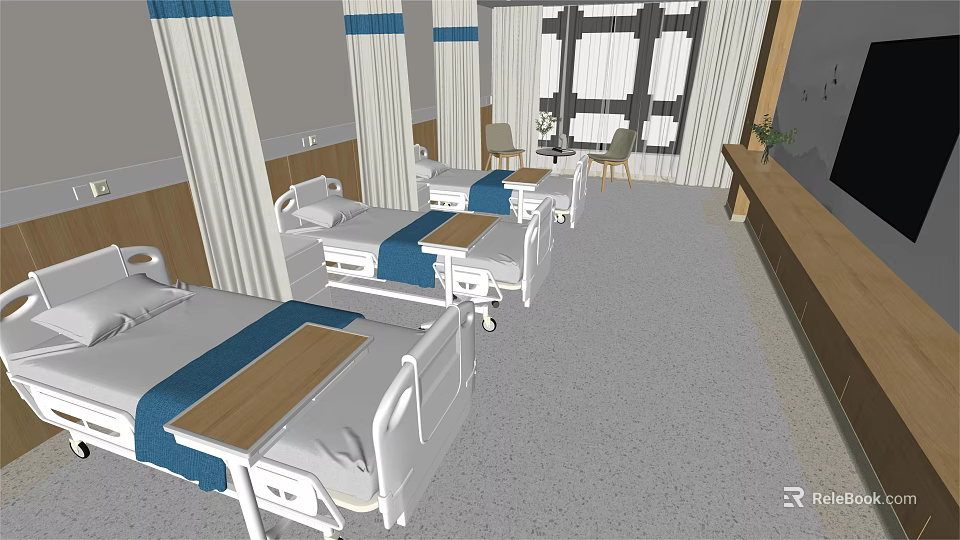 Hospital Ward Interior With Multiple Medical Beds White Frames And Curtains 3d model 