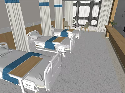 Hospital Ward Interior With Multiple Medical Beds White Frames And Curtains 3d model