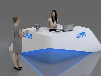 White Modern Reception Desk With MINICAT Logo Receptionist Laptop Flower Vase And Visitor 3d model