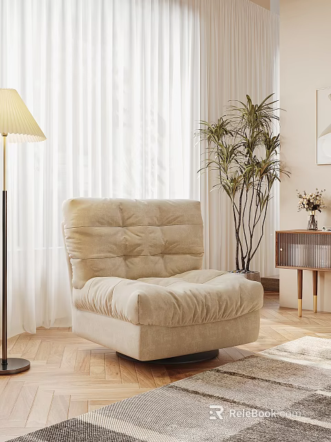 Beige Tufted Padded Single Sofa In Living Room With Floor Lamp Curtains And Potted Plant 3d model 