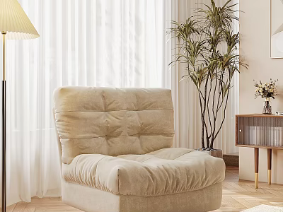 Beige Tufted Padded Single Sofa In Living Room With Floor Lamp Curtains And Potted Plant 3d model