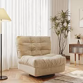 Beige Tufted Padded Single Sofa In Living Room With Floor Lamp Curtains And Potted Plant