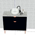 Modern Bathroom Vanity With White Washbasin Marble Countertop And Geometric Tile Background