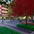 Red Brick Courtyard With Trees Stone Paved Paths And People Walking