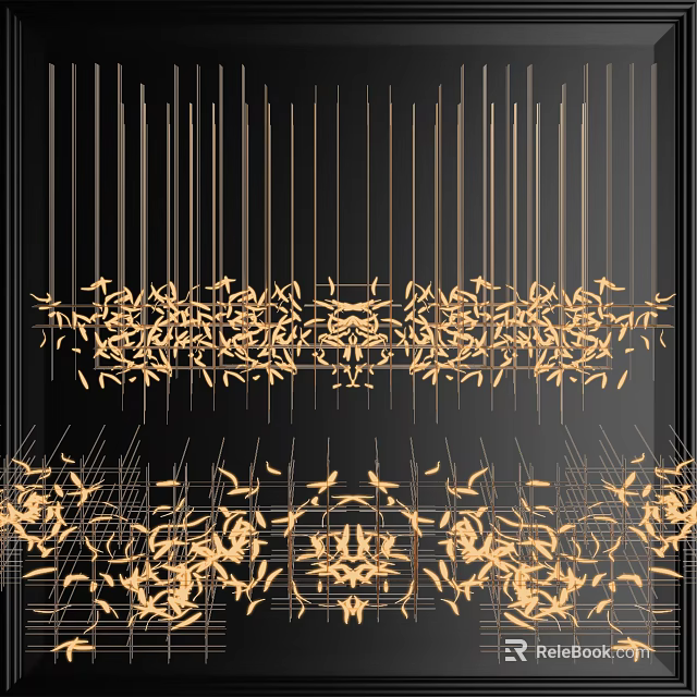 Golden Chandelier With Slim Golden Strips And Feather Like Decorations On Black Background 3d model 