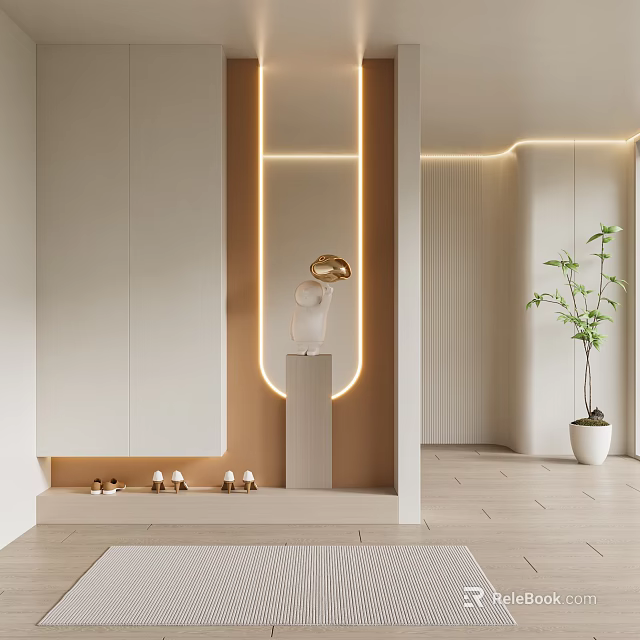Modern Minimalist Entryway Hallway Interior With Ambient Lighting Decorative Sculpture And Potted Plant 3d model 