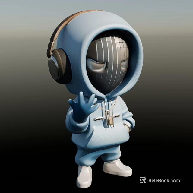 Man in Blue Hoodie Wearing Headphones Waving Hand With Chain Accessory 3d model 