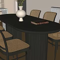 Modern Dining Table Set With Oval Table Four Chairs White Vase And Herringbone Floor 3d model