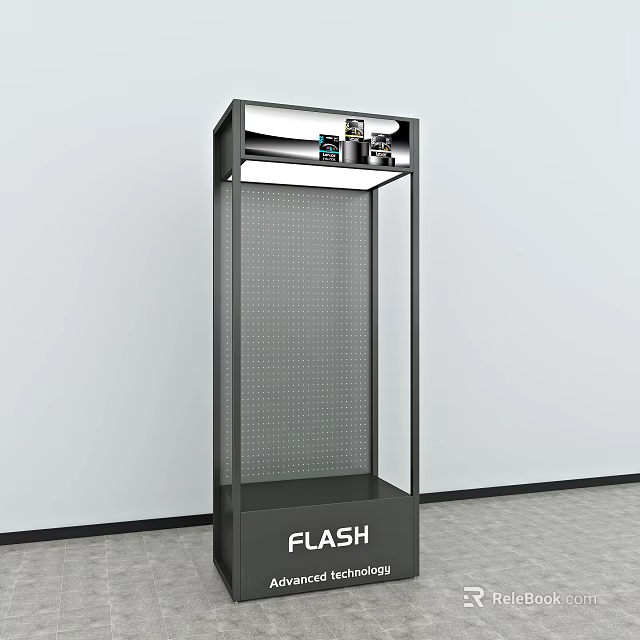 Black Metal Display Shelf With Top Lighting Perforated Panel And Flash Logo 3d model