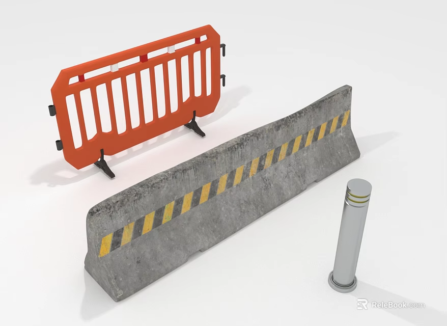 Traffic Safety Barriers Including Orange Plastic Fence Gray Concrete Block With Yellow Black Stripes Silver Bollard 3d model 