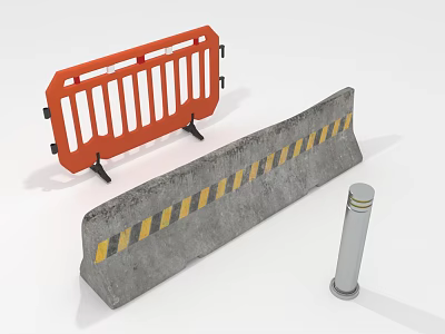 Traffic Safety Barriers Including Orange Plastic Fence Gray Concrete Block With Yellow Black Stripes Silver Bollard 3d model