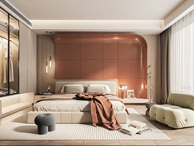 Modern Bedroom Interior With Curved Brown Wall Panel Bed And Accent Chair 3d model