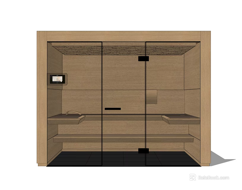 Wooden Shower Sauna Interior Design With Glass Door Seating And Control Panel 3d model 