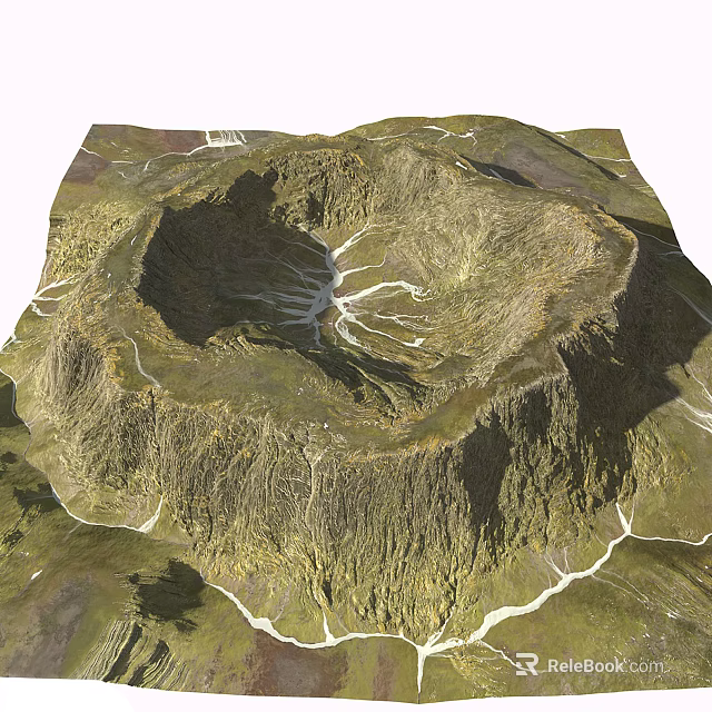Crater Shaped Circular Rockery Stone With Textured Surface Green Vegetation And White Pathways 3d model 