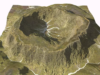 Crater Shaped Circular Rockery Stone With Textured Surface Green Vegetation And White Pathways 3d model