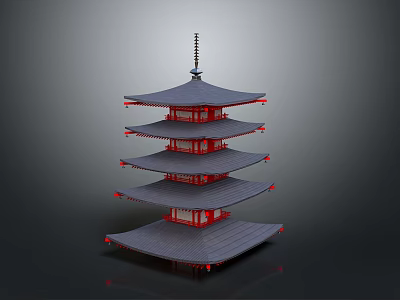 Traditional Five Story Pagoda Architecture With Gray Roof And Red Structure Design 3d model