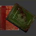 Carved Book Covers With Red And Green Designs Featuring Decorative Patterns And Titles