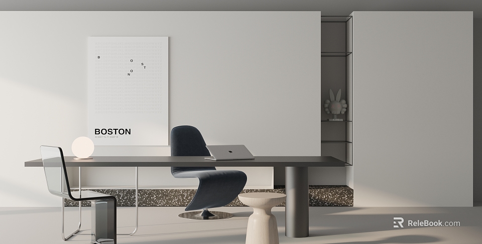 Minimalist Modern Desk Workspace With Black Chair Laptop Boston Art Print And Gray Wall 3d model 
