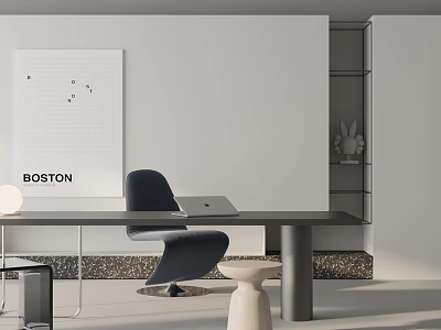 Minimalist Modern Desk Workspace With Black Chair Laptop Boston Art Print And Gray Wall 3d model