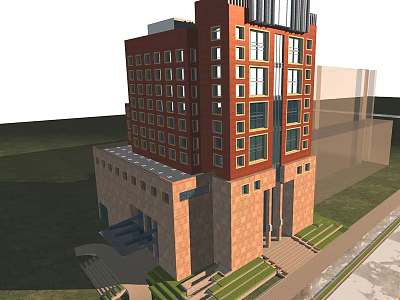Modern Multi Story Office Building With Red Brick Beige Stone Windows Entrance Steps And Lawn 3d model