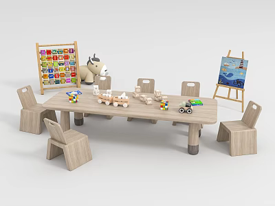 Wooden Children's Table with Chairs Building Blocks Toys and Easel in Kids Activity Space 3d model
