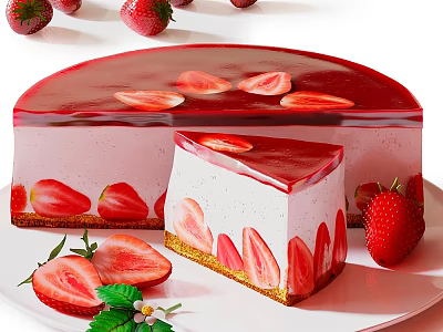 Layered Strawberry Mousse Cake with Mirror Glaze Sliced and Fresh Strawberries Around 3d model
