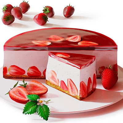 Layered Strawberry Mousse Cake with Mirror Glaze Sliced and Fresh Strawberries Around 3d model