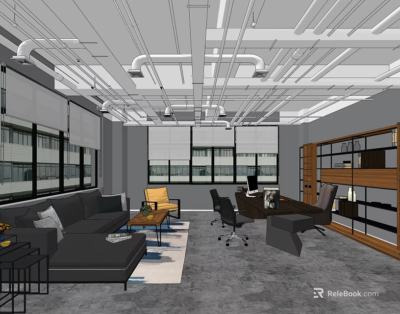 Modern Office Interior With Exposed Pipes Sofa Desk Yellow Chairs Gray Floor 3d model 