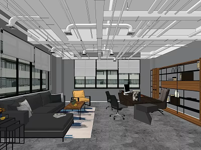 Modern Office Interior With Exposed Pipes Sofa Desk Yellow Chairs Gray Floor 3d model