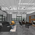 Modern Office Interior With Exposed Pipes Sofa Desk Yellow Chairs Gray Floor