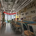 Vintage Restaurant Interior With Red Banners Wooden Tables And Wall Posters