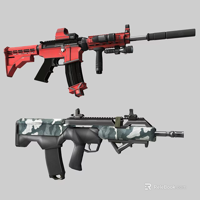 Red And Camouflage Modern Assault Rifles With Tactical Design Features 3d model 