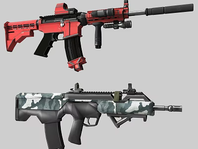 Red And Camouflage Modern Assault Rifles With Tactical Design Features 3d model