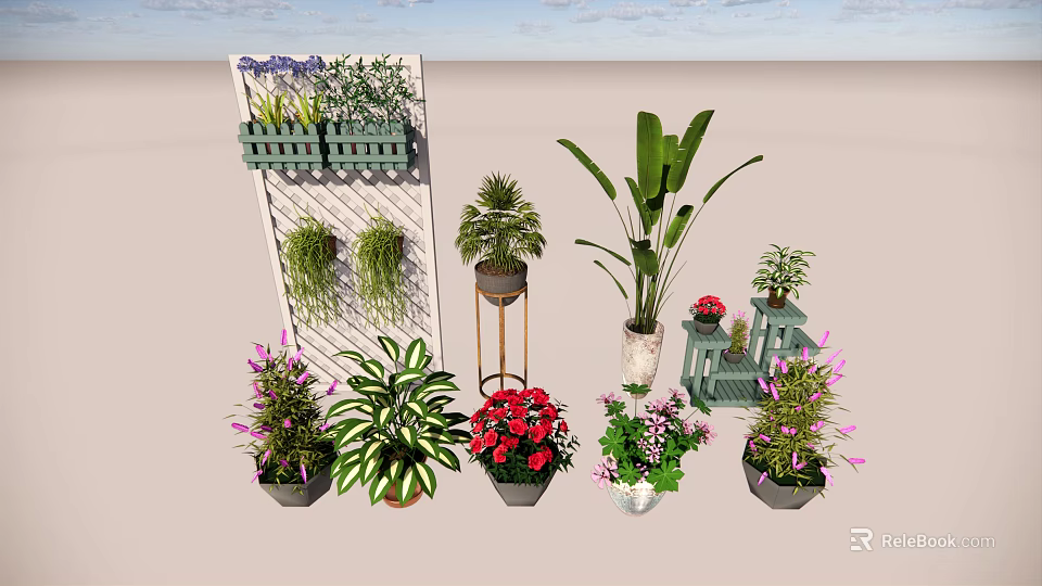 Diverse Potted Bonsai Plants With Wall Hanging Baskets And Metal Stand Planters 3d model 