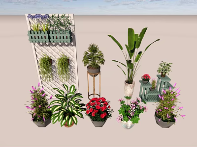 Diverse Potted Bonsai Plants With Wall Hanging Baskets And Metal Stand Planters 3d model