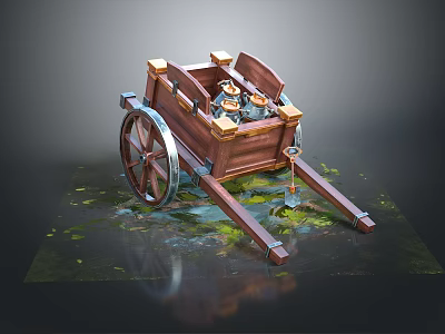 Vintage Wooden Cart with Spoked Wheels and Pottery Jars on Mossy Ground 3d model