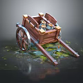 Vintage Wooden Cart with Spoked Wheels and Pottery Jars on Mossy Ground