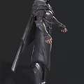 Woman In Black Armor Costume With Long Cloak Metallic Details And Tall Boots
