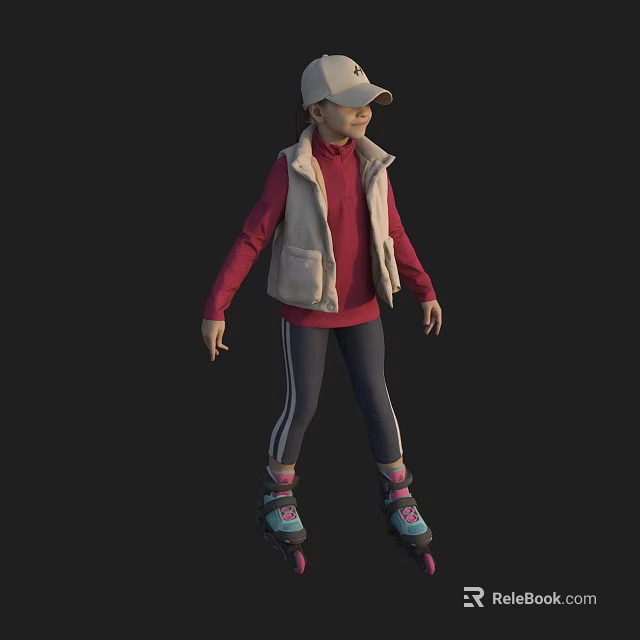 Woman In Beige Vest Red Top And Striped Pants On Roller Skates 3d model 