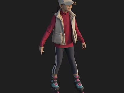 Woman In Beige Vest Red Top And Striped Pants On Roller Skates 3d model