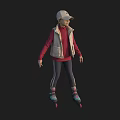 Woman In Beige Vest Red Top And Striped Pants On Roller Skates