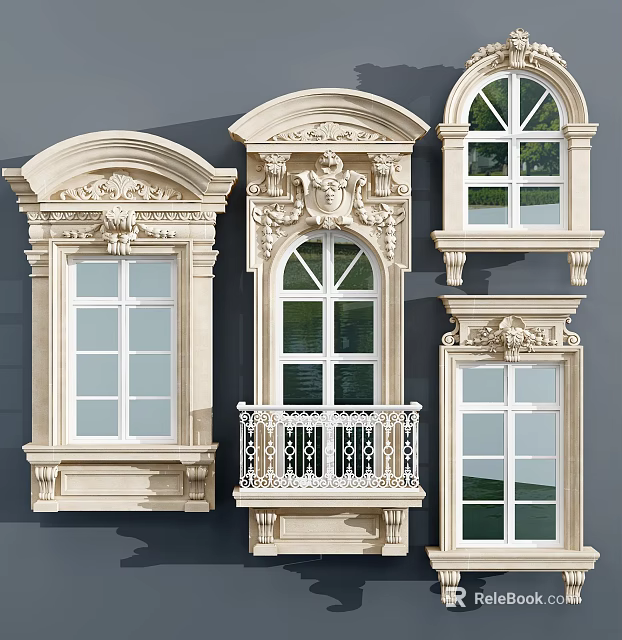 Ornate Decorative Window Frames With Architectural Stone Carvings And Balcony Railings 3d model 