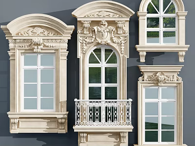 Ornate Decorative Window Frames With Architectural Stone Carvings And Balcony Railings 3d model