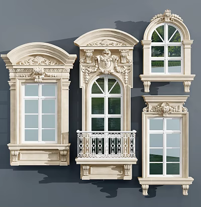 Ornate Decorative Window Frames With Architectural Stone Carvings And Balcony Railings 3d model