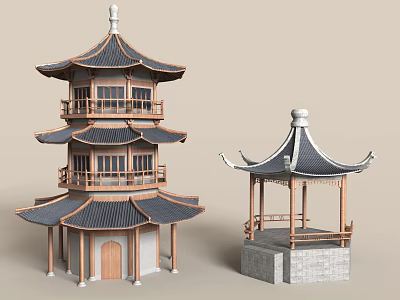 Traditional Chinese Multi Tiered Tower With Black Overhanging Eaves Wooden Balustrades And Small Pavilion 3d model