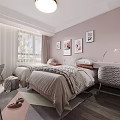 Bright Kids Room With Pink Walls Two Beds Wall Art Desk Chair And Wooden Floor