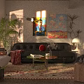 Black Sofa And Coffee Table Set With Colorful Rug Green Plants And Wall Art