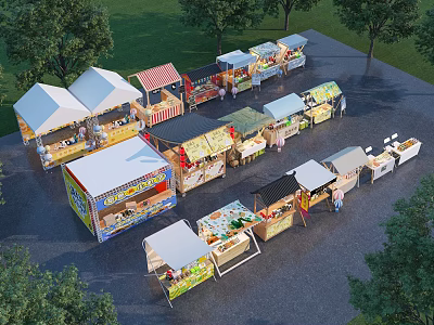 Bustling Commercial Street with Colorful Tents and Various Stalls Attracting Pedestrians Near Green Trees 3d model