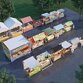 Bustling Commercial Street with Colorful Tents and Various Stalls Attracting Pedestrians Near Green Trees